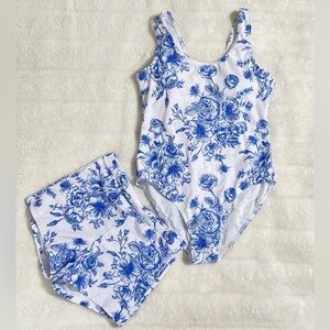 Teen Girls Floral Blue 2 Piece Swimsuit
